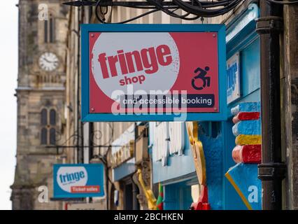 Detail of signs outside the Fringe Shop on the Royal Mile in Edinburgh, Scotland, UK Stock Photo