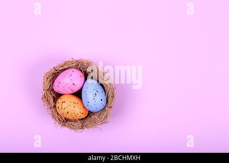 Three colorful easter eggs in nest on pink background Stock Photo