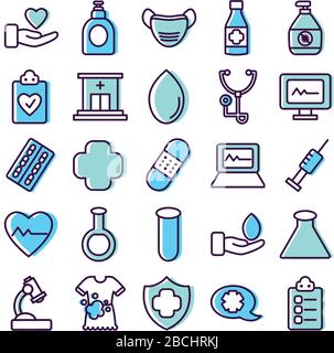 chemical flasks and healthcare icon set over white background, line color style, vector illustration Stock Vector