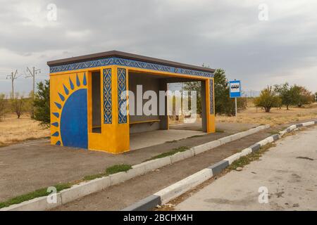 empty bus stop on the road in Kazakhstan, waiting place for the bus Stock Photo