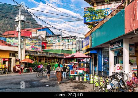 Panajachel, Guatemala - December 7, 2016: View at the traffic on main street in busy tourist town of Panajachel the popular gateway place to Lake Atit Stock Photo