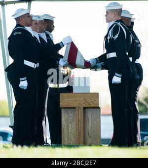 'Sailors participate in the graveside service for U.S. Navy Petty Officer 3rd Class Charles Thomas Dougherty in Arlington National Cemetery, April 18, 2016, in Arlington, Va. Dougherty was inurned in ANC’s Columbarium Court 9. (U.S. Army photo Rachel Larue/Arlington National Cemetery/Rachel Larue); 18 April 2016, 09:11; Graveside Service for U.S. Navy Petty Officer 3rd Class Charles Thomas Dougherty in Arlington National Cemetery; Arlington National Cemetery; '