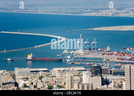 panorama of Haifa Bay and Port on the Mediterranean Coast of Israel. Haifa, Israel. July 23, 2019. Stock Photo