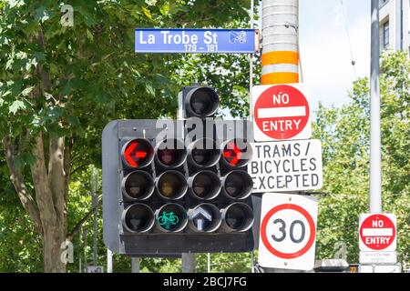 Multi traffic lights and signs, La Trobe Street, City Central, Melbourne, Victoria, Australia Stock Photo