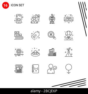 Set of 16 Modern UI Icons Symbols Signs for line, vga, company, port, display Editable Vector Design Elements Stock Vector