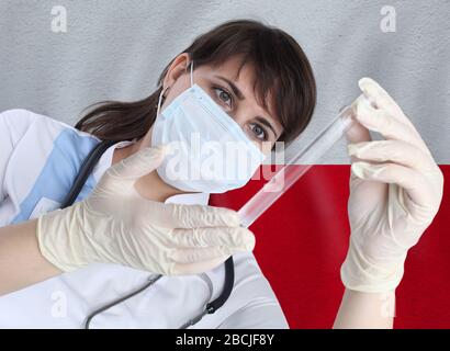 Scientist woman with test tube Coronavirus or COVID-19 against Poland flag. Research of viruses in laboratory for prevention of a pandemic in Poland Stock Photo