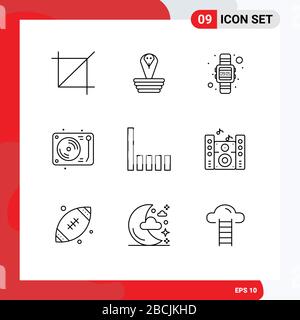 Modern Set of 9 Outlines Pictograph of phone, party, digital, disco, celebration Editable Vector Design Elements Stock Vector