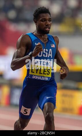 DOHA - QATAR - SEP 30: Noah Lyles (USA) competing in the 200m semi - final during day four of the 17th IAAF World Athletics Championships Doha 2019 at Stock Photo