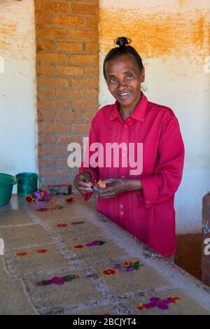 Africa, Madagascar, Ambalavao. Women making Antemoro paper. The Antemoro (or Antaimoro) are an ethnic group of Madagascar. This ethnic group traces it Stock Photo