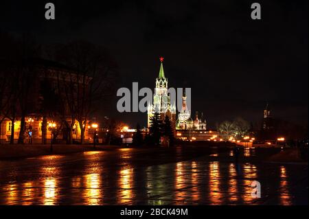 Moscow, Russia -24 March, 2019.  View on Moscow Kremlin on the night time after rain, Stock Photo