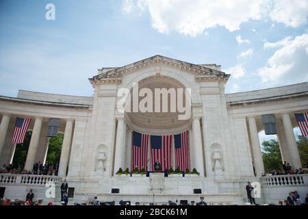'President Donald J. Trump gives remarks on Memorial Day at Arlington National Cemetery's Memorial Amphitheater, Arlington, Va., May 29, 2017.  Trump also laid a wreath at the Tomb of the Unknown Soldier.  (U.S. Army photo by Elizabeth Fraser / Arlington National Cemetery / released); 29 May 2017, 11:37; Memorial Day Weekend 2017 - President Donald J. Trump Speaks at the Memorial Amphitheater; Arlington National Cemetery; '