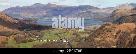 Panorama of Keswick Derwentwater and Skiddaw from Castle Crag in Borrowdale Stock Photo