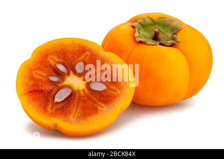 sliced kinglet persimmons path isolated on white Stock Photo