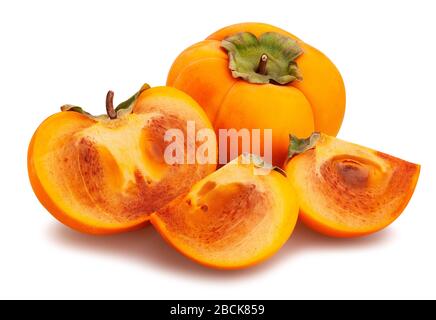 sliced kinglet persimmons path isolated on white Stock Photo