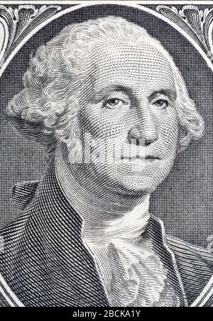 Macro portrait of George Washington US president on one dollar bill ...