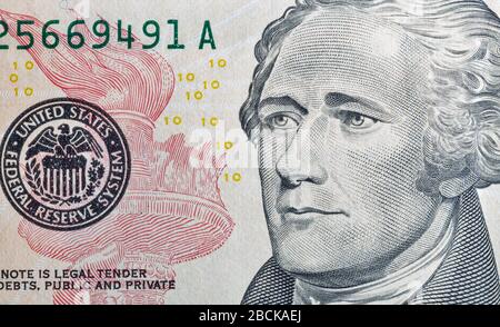 Portrait of the US President Alexander Hamilton on ten dollar banknote bill, front side obverse, macro Stock Photo
