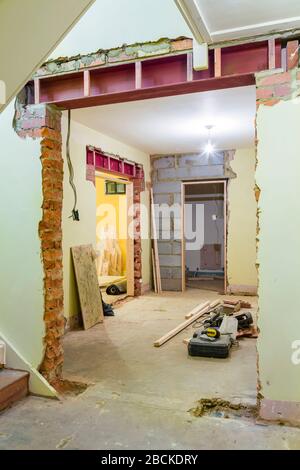 UK house internal renovation and remodeling with new wall opening supported by RSJ universal steel beam Stock Photo