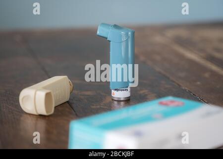 London, UK - April 3, 2020 - Ventolin and Clenil metered dose inhalers and montelukast tablets; commonly prescribed medications for asthma treatment Stock Photo
