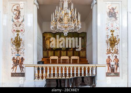 Warsaw, Poland - December 20, 2019: Interior of Palace on the Isle in Warszawa Lazienki or Royal Baths Park with chandelier lamp Stock Photo