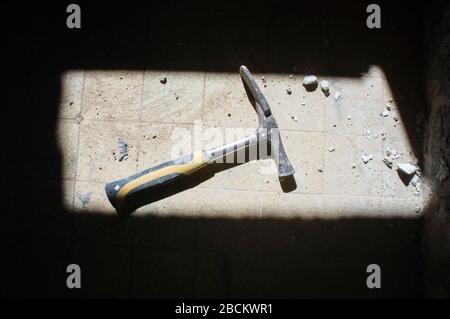 construction site, Stonemason's hammer, Brick Hammer, family house, bathroom, reconstruction, renovation, on March 24, 2020. (CTK Photo/Libor Sojka) Stock Photo