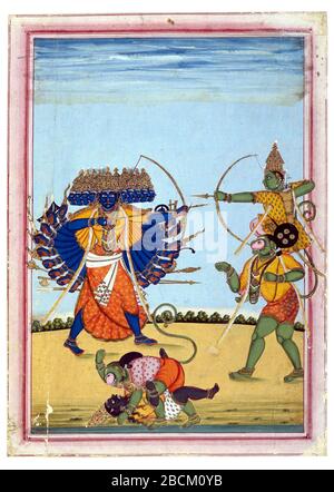 English: Rama and Hanuman fighting Ravana, an album painting on paper,  c1820. Tanjore or Trichinopoly, Tamil Nadu, India, Around AD 1820 . circa  1820 511 Rama and Hanuman fighting Ravana, an