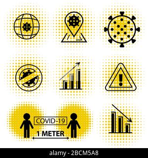 Coronavirus icons. Line black icons with yellow spay halftone. Keep distance 1 meter. Business losses. Stock Vector