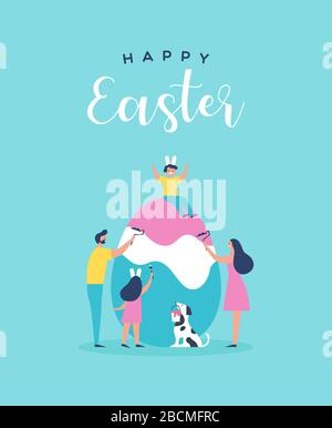 Happy Easter greeting card illustration of family people and pet dog painting egg together for special spring holiday event in flat cartoon style. Stock Vector