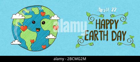 Happy earth day web banner with cute hand drawn planet holding heart, green world love. Environment help cartoon concept for nature campaign or eco fr Stock Vector