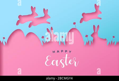 Happy Easter papercut greeting card of colorful eggs with paper cut jumping rabbit, nature landscape and festive text quote. Realistic 3d holiday cuto Stock Vector