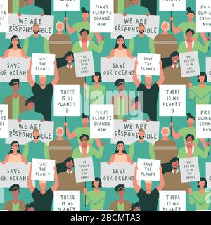 Earth day seamless pattern of diverse people crowd in environment protest or parade. Social background for nature event, men and women protester holdi Stock Vector