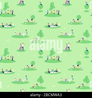 Easter holiday seamless pattern of happy family people enjoying spring season at outdoor park. Colorful springtime background with rabbit animals and Stock Vector