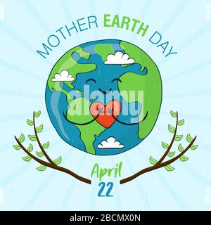 Mother earth day greeting card with cute hand drawn planet holding heart, green world love. Environment help cartoon concept for nature campaign or ec Stock Vector