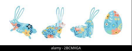 Cute spring rabbit and easter egg set with colorful hand drawn cartoon flowers, nature decoration on isolated white background. Children design collec Stock Vector