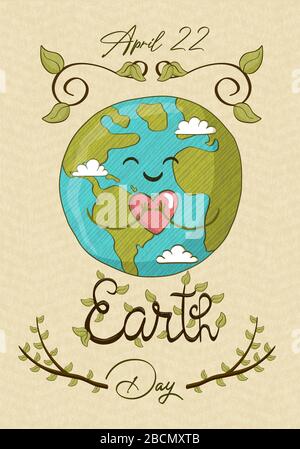 Happy earth day, april 22 environment help event for worldwide nature care awareness. Cute hand drawn planet holding hearth, green world love cartoon Stock Vector