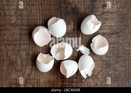 Eight eggshells on a dark wood table Stock Photo