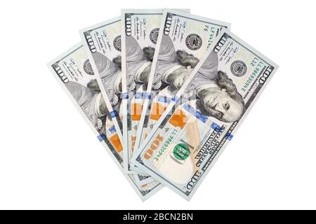 One hundred us dollar banknotes on white background isolated close up, 100 american dollars fan, fanned cash paper money bundle top view Stock Photo