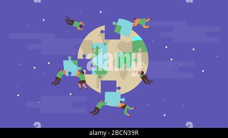 Earth help illustration concept of diverse people group building planet puzzle together for clean environment campaign or teamwork solution, green eco Stock Vector