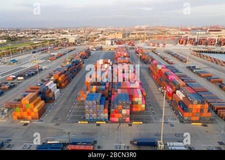 Shipping Container yard at the Port of Los Angeles in San Pedro Aerial Stock Photo