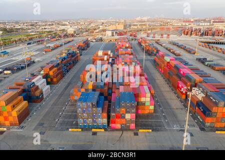 Shipping Container yard at the Port of Los Angeles in San Pedro Aerial Stock Photo