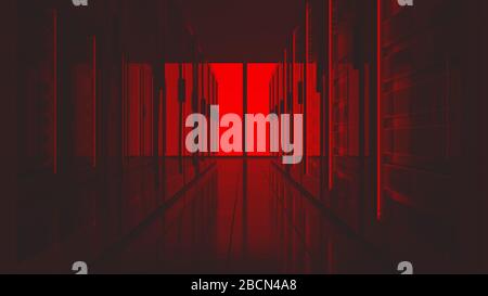 Server racks in computer network security server room data center red lights alert. 3D render Stock Photo