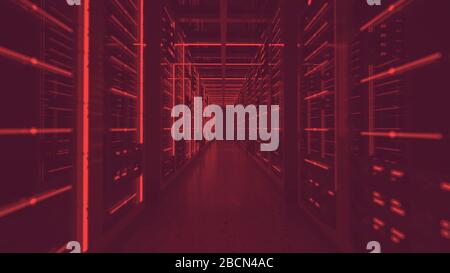 Server racks in computer network security server room data center red lights alert. 3D render Stock Photo