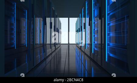Server racks in computer network security server room data center. 3D render dark blue Stock Photo
