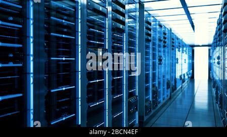 Server racks in computer network security server room data center. 3D render dark blue Stock Photo