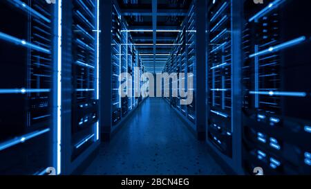 Server racks in computer network security server room data center. 3D render dark blue Stock Photo
