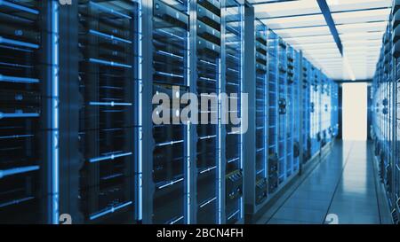 Server racks in computer network security server room data center. 3D render dark blue Stock Photo