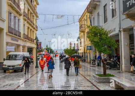 Streets of Patras city decorated for the famous annual Patras Carnival (Patrino karnavali), the largest event of its kind in Greece Stock Photo