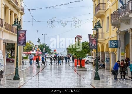 Streets of Patras city decorated for the famous annual Patras Carnival (Patrino karnavali), the largest event of its kind in Greece Stock Photo