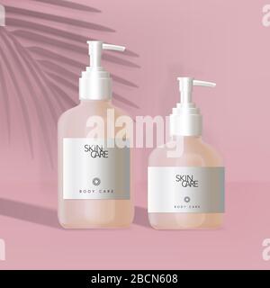 Vector Body Care Pump Bottle with White Label in Minimalist Pink Background Stock Vector