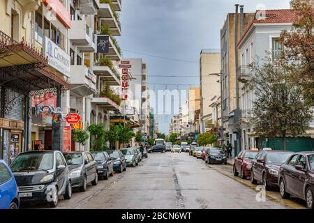 Streets of Patras city decorated for the famous annual Patras Carnival (Patrino karnavali), the largest event of its kind in Greece Stock Photo