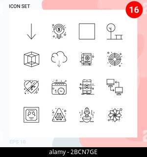 Mobile Interface Outline Set of 16 Pictograms of content, download, park, data, tool Editable Vector Design Elements Stock Vector